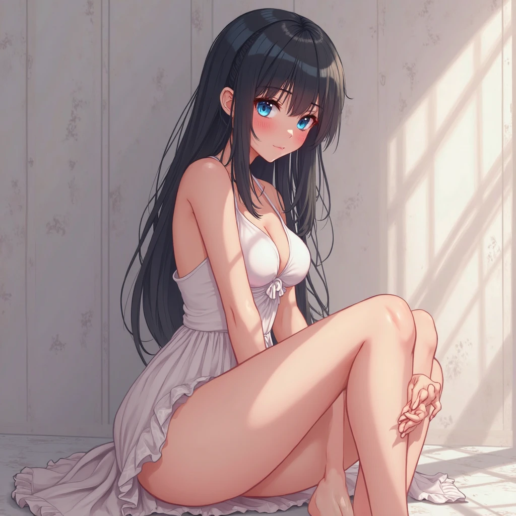 best quality, masterpiece, girl, Dark hair, dark eyes, home, sun shining, shiny skin, sun flare