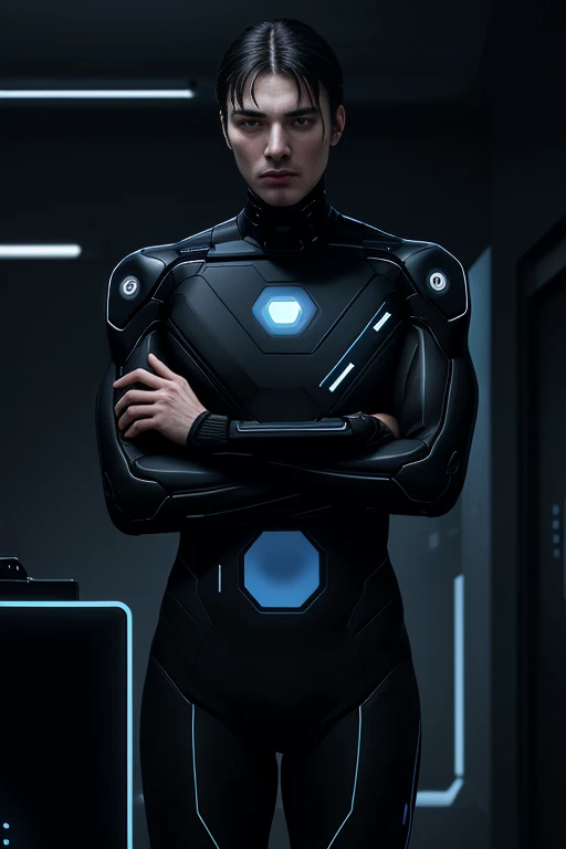 How to make a handsome man in his 20s The world in 2100、Cyberpunk room background、Dressed in a cyberpunk robot suit、Blue eyes, short black hair、Shave cleanly,Attractive and serious look, Short black hair, Stylish and elegant,Strong body((Highest quality, 8k, masterpiece), Ultra HD Photos, (Beautiful face details, Skin texture details, Ultra-detailed body:1.1)、Looking at us from the front
