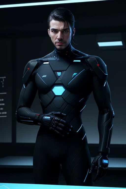 male cyborg with glowing mechanical parts, intricate mechanical details, glowing mechanical joints, wire, cable, science fiction, headshot portrait, upper chest, futuristic fantasy background, sleek futuristic design, looking at viewer, beard, from behind,, best quality, masterpiece, realistic, cinematic composition, (detailed background), depth of field, intricate details, 8k, detailed skin texture, detailed face, realistic eyes, male focus, photo of a man,