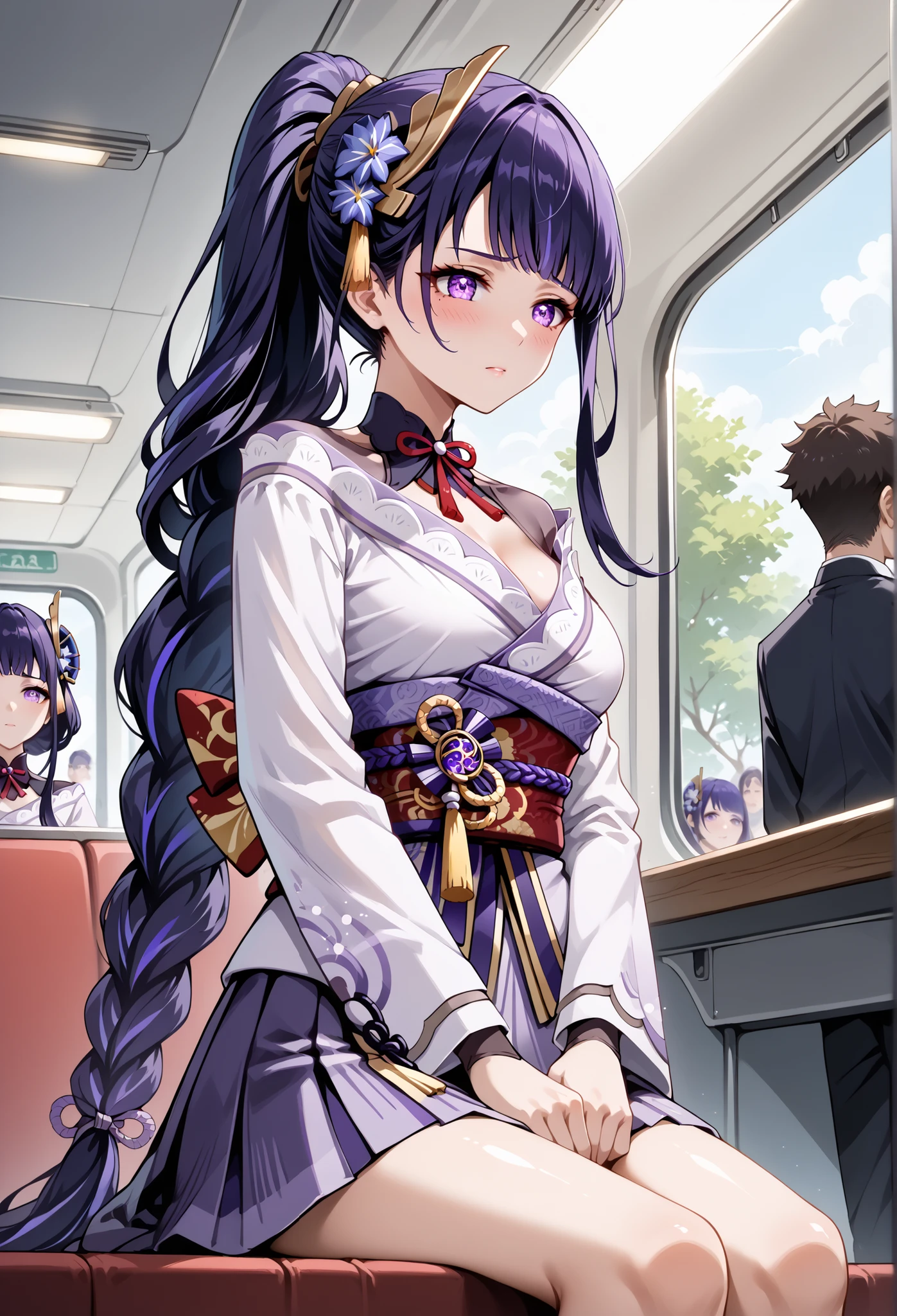 score_9, score_8_up, score_7_up, source_anime, 4K,perfect fingers,(perfect hands, perfect anatomy),prefect lighting, very aesthetic, intricate details,highly detailed background, masterpiece, high quality, best quality,
raidenshogun, raiden shogun, ((ponytail hair:1.5)), hair flower, hair ornament, long hair, mole, mole under eye, purple eyes, purple flower, purple hair, large breasts,,
wearing ((skirt, )),,
A sagging breast, stealth masturbation, inside bus, from below, (crowd:0.8), sitting, under skirt, embarrased,