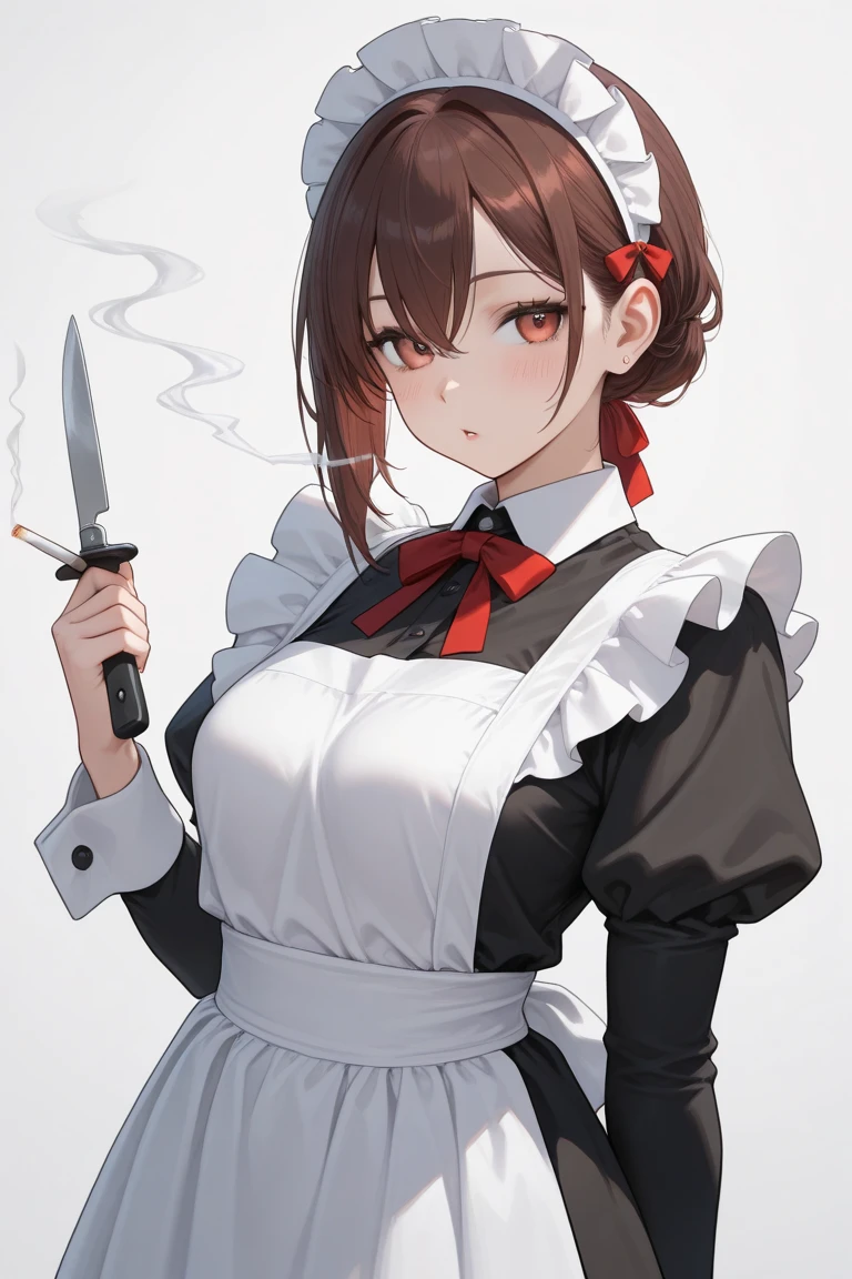 score_9, score_8_up,score_7_up, score_6_up,source_anime, BREAK yom style, by yomu, Soviet Schoolgirl Uniform, frilled apron, frilled hair scrunchie, red neckerchief, twin braids, brown hair, look at the viewer, expressionless, cigarette smoking, cigarette in mouth, leaning against the wall