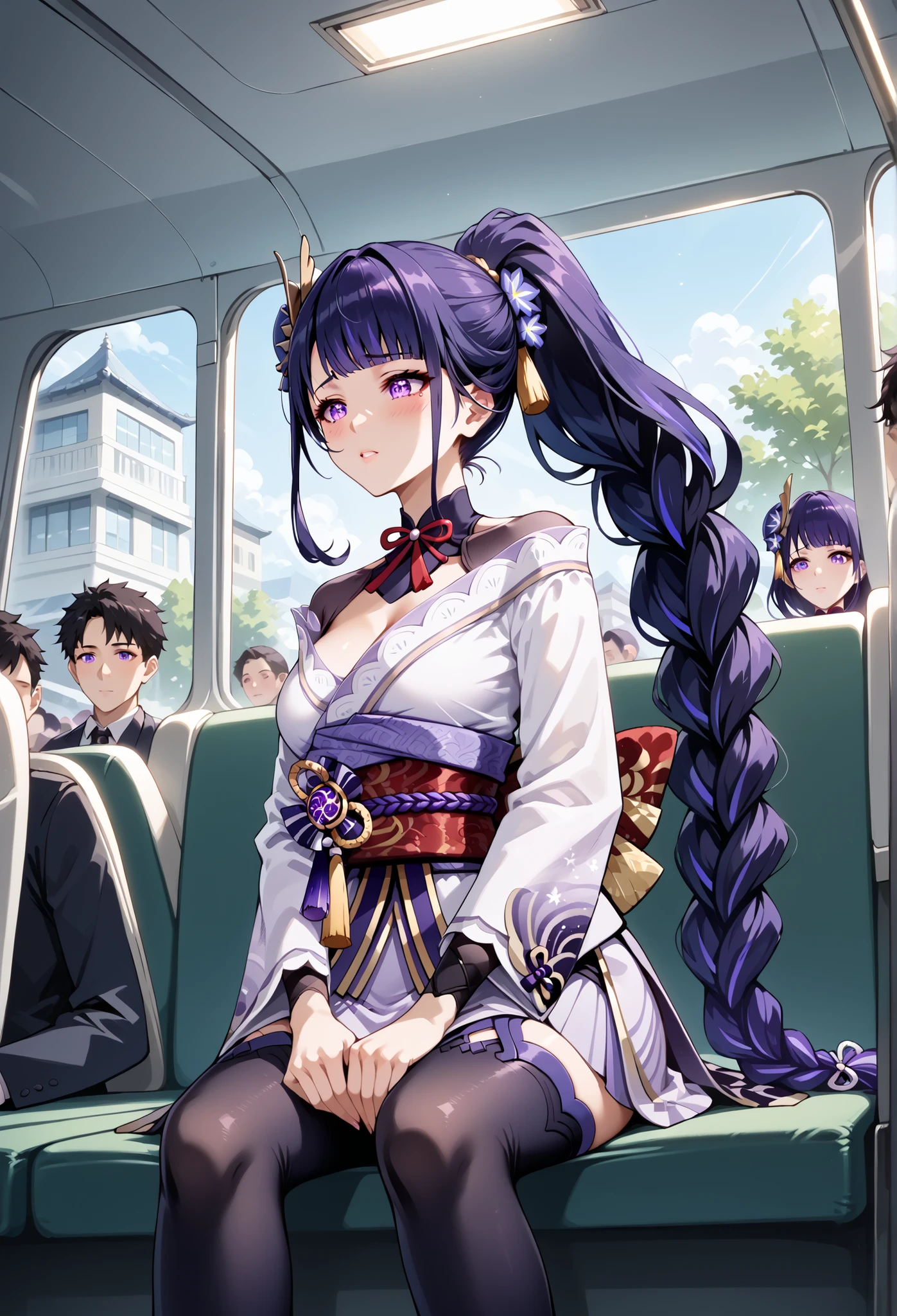 score_9, score_8_up, score_7_up, source_anime, 4K,perfect fingers,(perfect hands, perfect anatomy),prefect lighting, very aesthetic, intricate details,highly detailed background, masterpiece, high quality, best quality,
raidenshogun, raiden shogun, ((ponytail hair:1.5)), hair flower, hair ornament, long hair, mole, mole under eye, purple eyes, purple flower, purple hair, large breasts,,
wearing ((skirt, )),,
A sagging breast, stealth masturbation, inside bus, from below, (crowd:0.8), sitting, under skirt, embarrased,