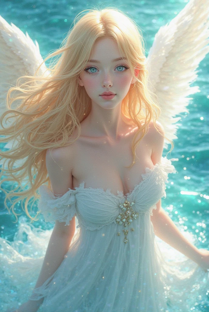 (half Body Image: 2.0),Beautiful young angel with long white hair and wearing a sheer white robe,(Large angelic wings spread: 1.4),Angel with porcelain-like ethereal skin, floating in the air, shot from below emerging from the clouds with a stunning sunset sky in the background,(Highest Quality, 4k, 8k, High Resolution, Masterpiece: 1.2),Ultra Detailed,(Realistic, Photorealistic, Photorealistic: 1.37),Detailed face, Detailed eyes, Detailed lips, Highly detailed facial features, Porcelain skin, Dramatic lighting, Dramatic sky, Cinematic, Fantasy, Digital art, Exquisite details, Graceful, Heavenly, ice and water,ice,water,water ring