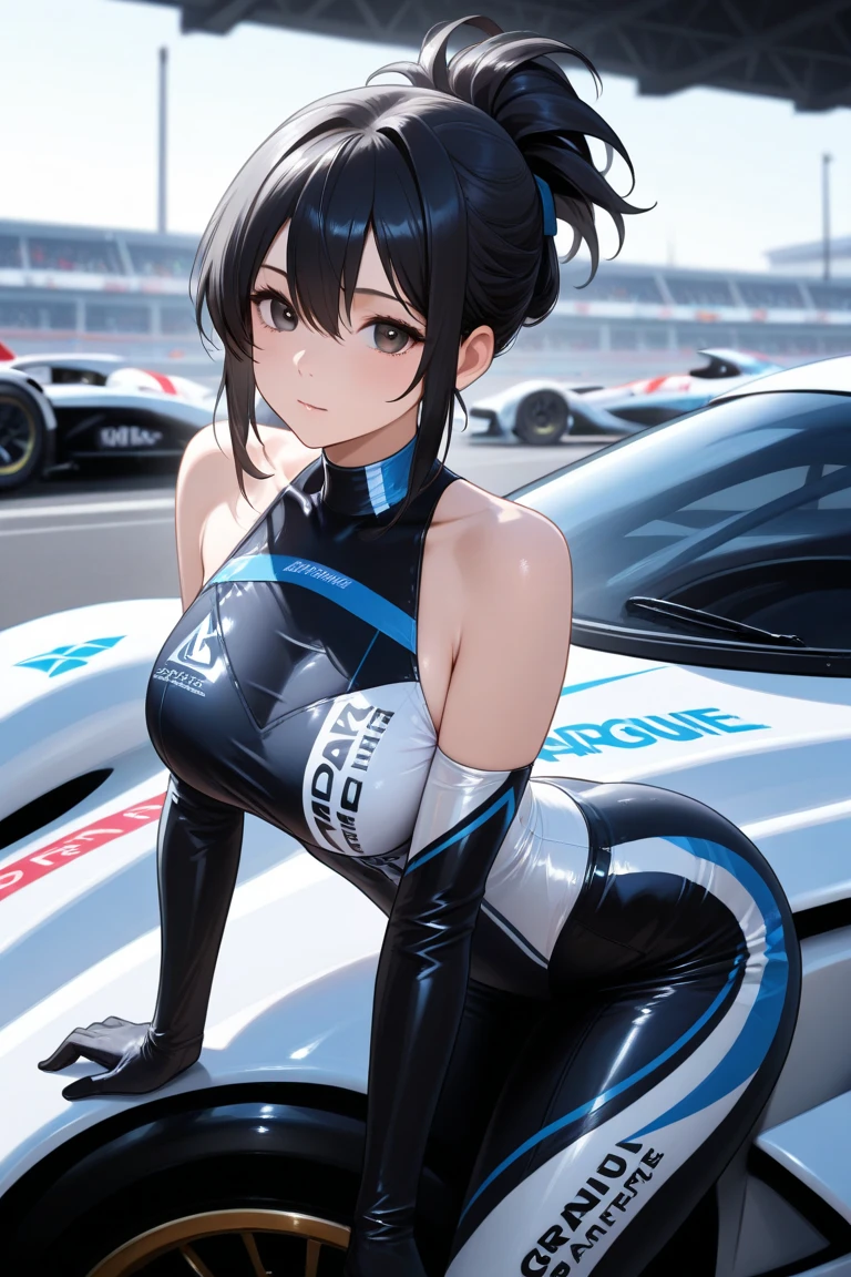masterpiece、Top image quality、Black hair、Black bra、Colossal tits、mechs、animesque、8K,masterpiece, bset quality,Colossal tits、(1girl in)、((Pit Girl Suit))、shinny skin、Shiny big、dark-brown eyes、 ((top-quality))、 Crisp focus:1.2、Highly detailed facial and skin texture、A detailed eye、face perfect、perfect bodies、art by、nffsw、Blur the background、japanes、Big breasts with a strong presence、Circuit field、Blur the background、Cowboy Shot、
