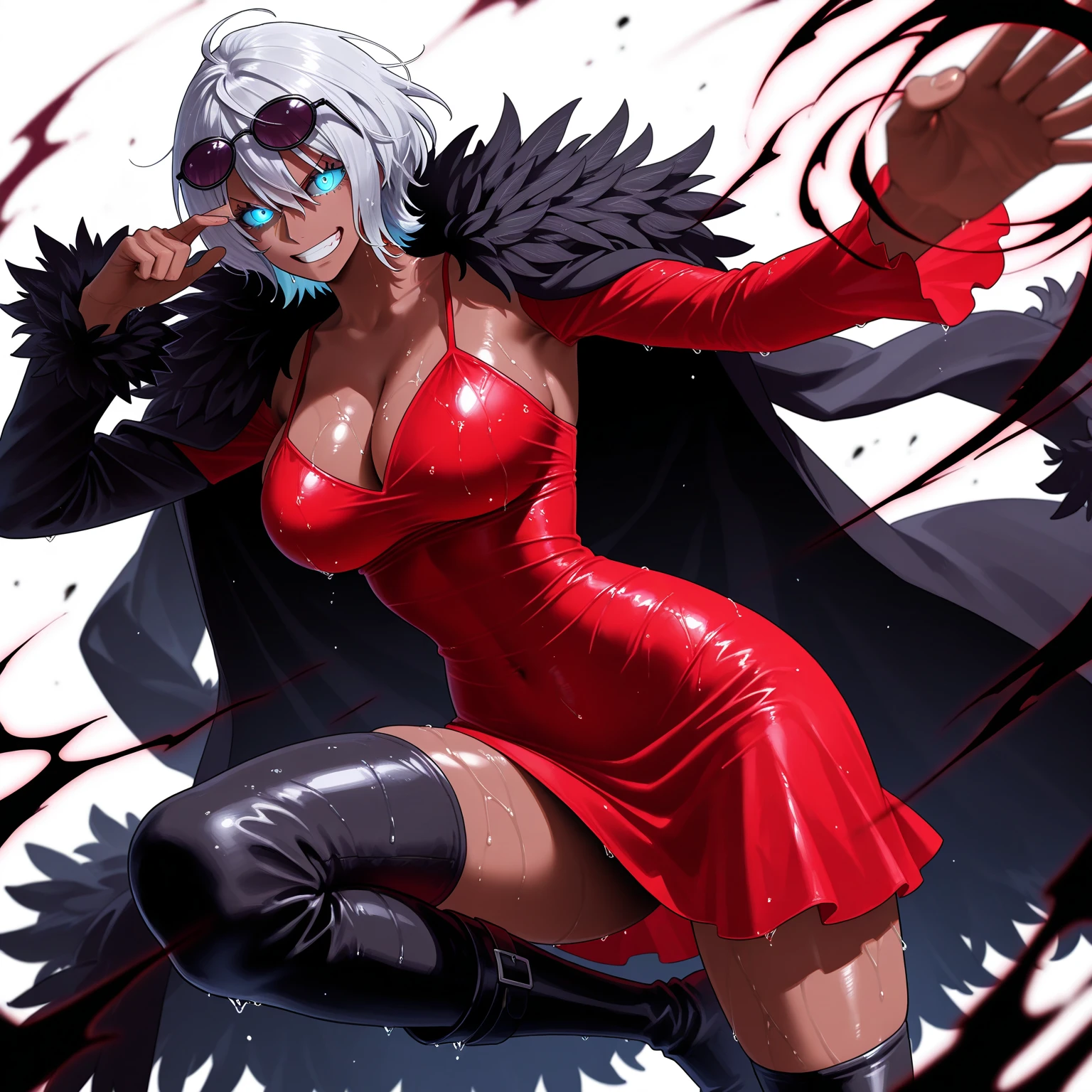 {4k image}, 1 beautiful woman, 30 years old, {dark skin}, big white hair, wide lips, busty, happy expression, furry ears on head (cat), pirate eye patch (left eye), muscular, dressed in a black bikini, {centered image}, {just face and chest photo}, {close up on face}, anime art style, medieval village background