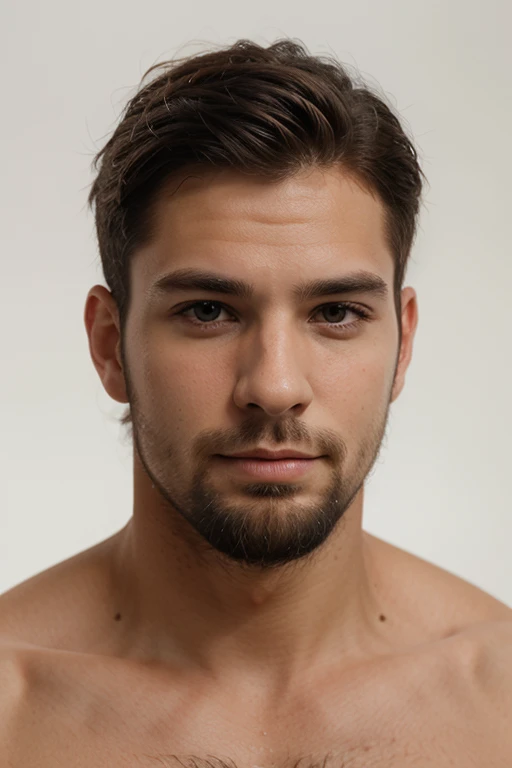 Retrato de hombre sin barba, Personas negras, symmetrical sides, Well-aligned face in the camera frame, Photograph of an adult man without a beard, sin barba, Hombre negro sin barba, Studio Photography, Imagen completa, Cerrar retrato, color photograph, shirtless, hairy legs, Modelo masculino, Hombre africano americano sin barba, full body shot, 40 year old, (textura de la piel), poros de la piel, poca profundidad de campo, Enfoque agudo de los ojos, cabello rizado
