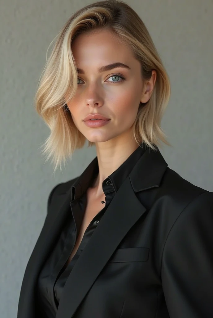 21 year old Scandinavian glamour model, detailed eyes, eyelashes, forehead, short hair, blonde hair, looking at viewer, smile