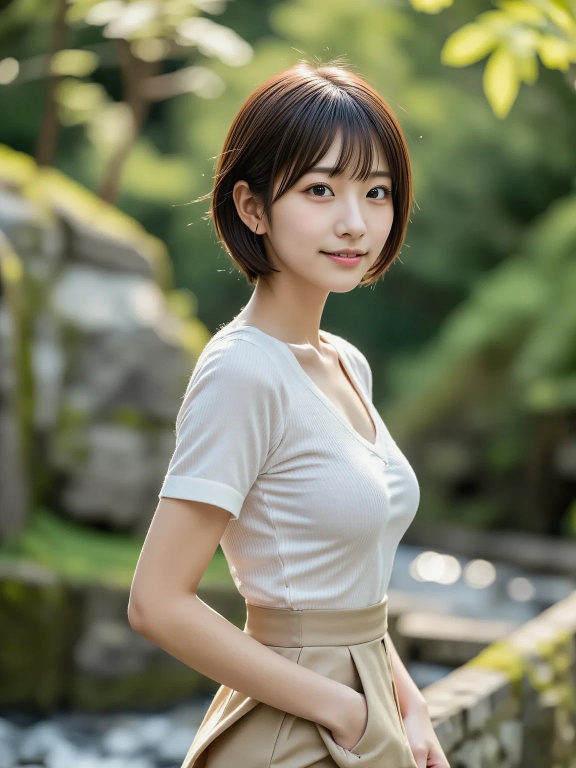 (High reality photograph, high resolusion, detailed face, detailed eyes) Skinny Japanese lady, 40 years old, various face expression, various hair style, skinny figure, very small breasts, very thin waist, in a park, White T-Shirt, skirt, full-body photo
