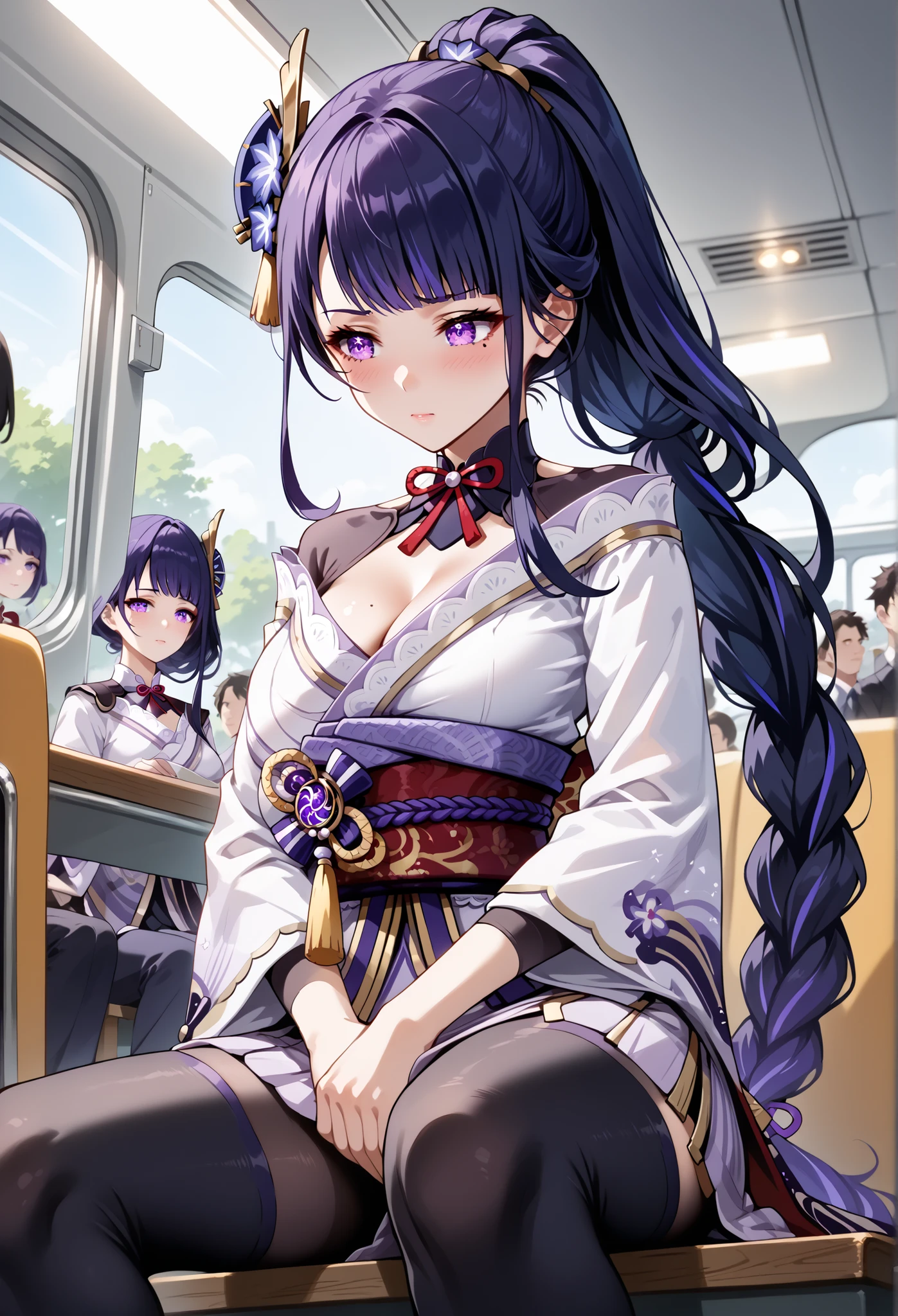 score_9, score_8_up, score_7_up, source_anime, 4K,perfect fingers,(perfect hands, perfect anatomy),prefect lighting, very aesthetic, intricate details,highly detailed background, masterpiece, high quality, best quality,
raidenshogun, raiden shogun, ((ponytail hair:1.5)), hair flower, hair ornament, long hair, mole, mole under eye, purple eyes, purple flower, purple hair, large breasts,,
wearing ((skirt, )),,
A sagging breast, stealth masturbation, inside bus, from below, (crowd:0.8), sitting, under skirt, embarrased, looking away, dildomasturbation, female masturbation, object insertion,