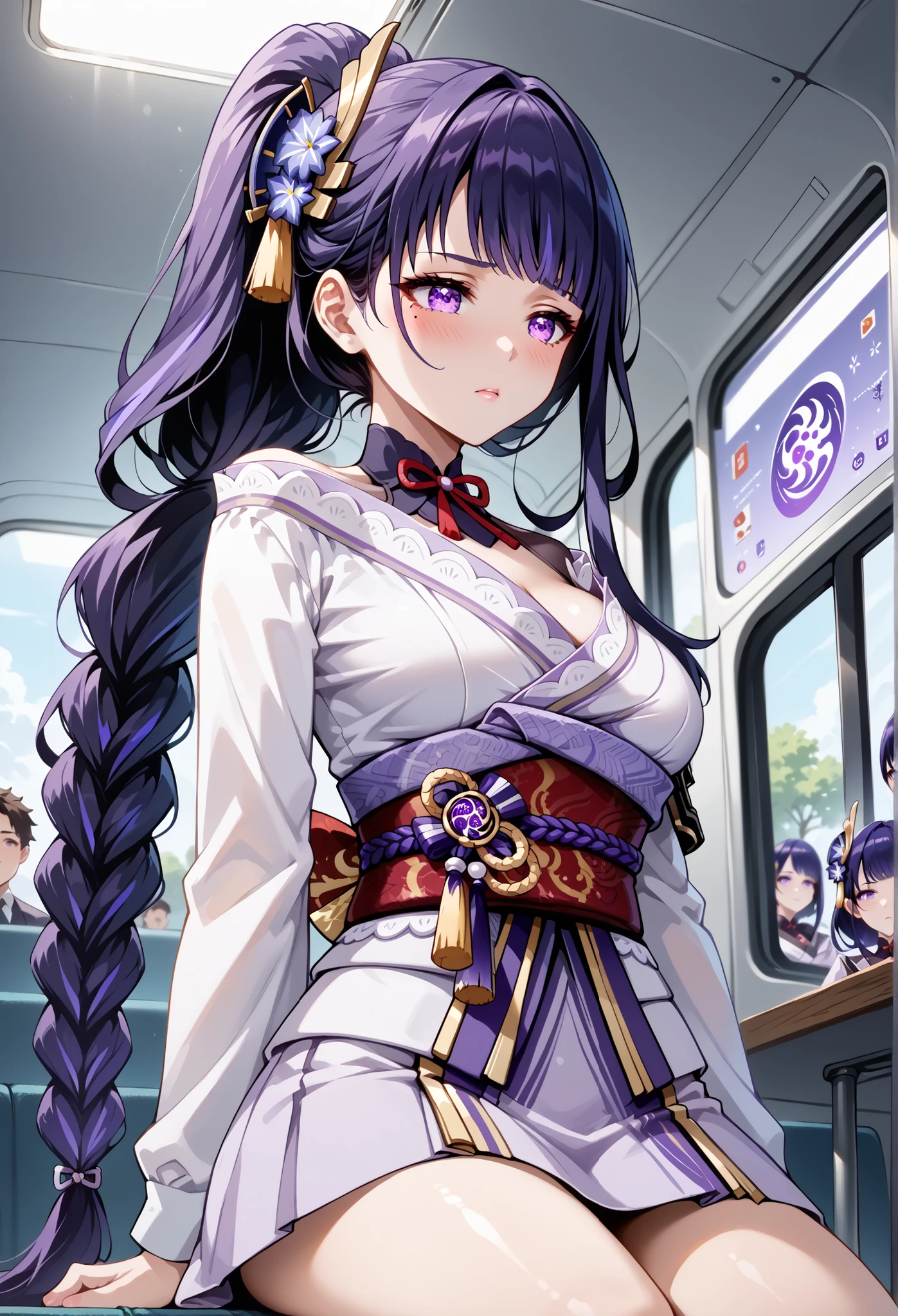 score_9, score_8_up, score_7_up, source_anime, 4K,perfect fingers,(perfect hands, perfect anatomy),prefect lighting, very aesthetic, intricate details,highly detailed background, masterpiece, high quality, best quality,
raidenshogun, raiden shogun, ((ponytail hair:1.5)), hair flower, hair ornament, long hair, mole, mole under eye, purple eyes, purple flower, purple hair, large breasts,,
wearing ((skirt, )),,
A sagging breast, stealth masturbation, inside bus, from below, (crowd:0.8), sitting, under skirt, embarrased, looking away, dildomasturbation, female masturbation, object insertion,