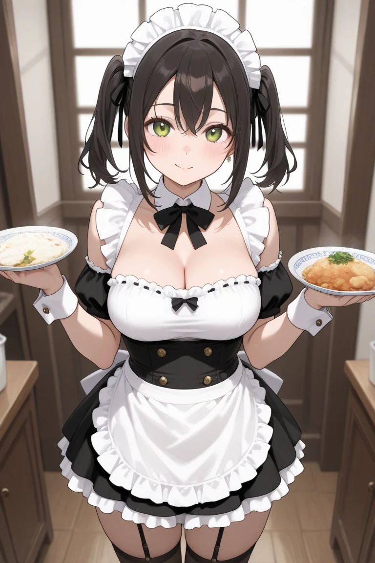 (dynamic angle:1.3, front view:1.1, breast focus:1.3, from above:1.1), (dynamic posing:1.2, sexy posing:1.2), (seductive smiling:1.3), ((looking at cake,Taking a cake out of the golden oven, worried about the outcome:1.2)),highest quality、(real、photorealistic:1.4),(ultra high resolution, 8K RAW photo, clear focus), best qualtiy, natural lighting, field depth, (Bright pupils, detailed beautiful eyes, high detailed face), Red lip, (tight focus:1.2), a girl 22yo old, Wearing a pastry chef uniform:1.3 , Thicc, thin breast, long hair, blue eyes,garter stocking, cleavage:1.2, midriff, black shorts, black thighhighs, thigh strap, pretty girl, (highly detailed beautiful face and eyes,firm breasts),real skin,((black,hair,long pony tail hair)),thin pubic hair,cute,lovely, detailed eyes,(double breasted:1.0,under bust:1.0),(with sparkling eyes and a contagious smile),open mouth, Looking at Viewer,A scene of cooking in the kitchen,looking at the golden oven