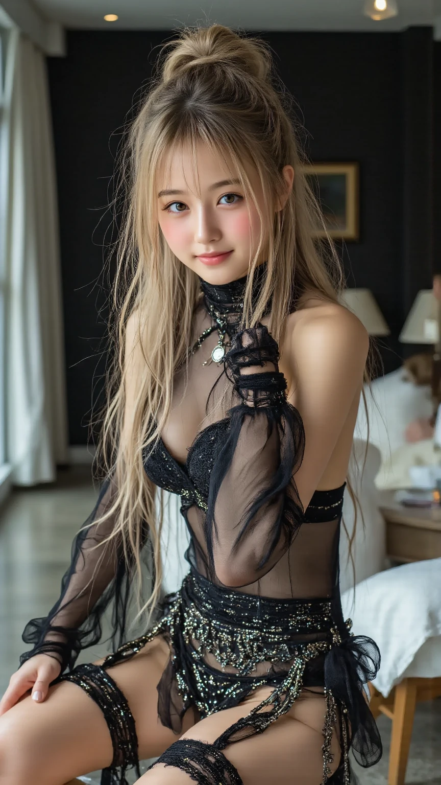 Realistic、(masterpiece、Highest quality、Highest quality、Official Art、beautifully、aesthetic:1.2)、Very detailed、woman，people々々turn black:1.2，((Backlight:1.2))，Fractal Art、colorful、The finest details、Tangled、(The background is bright and abstract:1.5)Silver Hair、Bright Eyes、Back to all、Masseter region，High resolution，1people々Girl、Idol、close、clavicle、photograph、movie、Written boundary depth、Local order、Eyes from below，Long Hair，View your audience、Cleavage，((surrealist clothes:1.4))，Puffy eyes，sit，(Big Breasts)