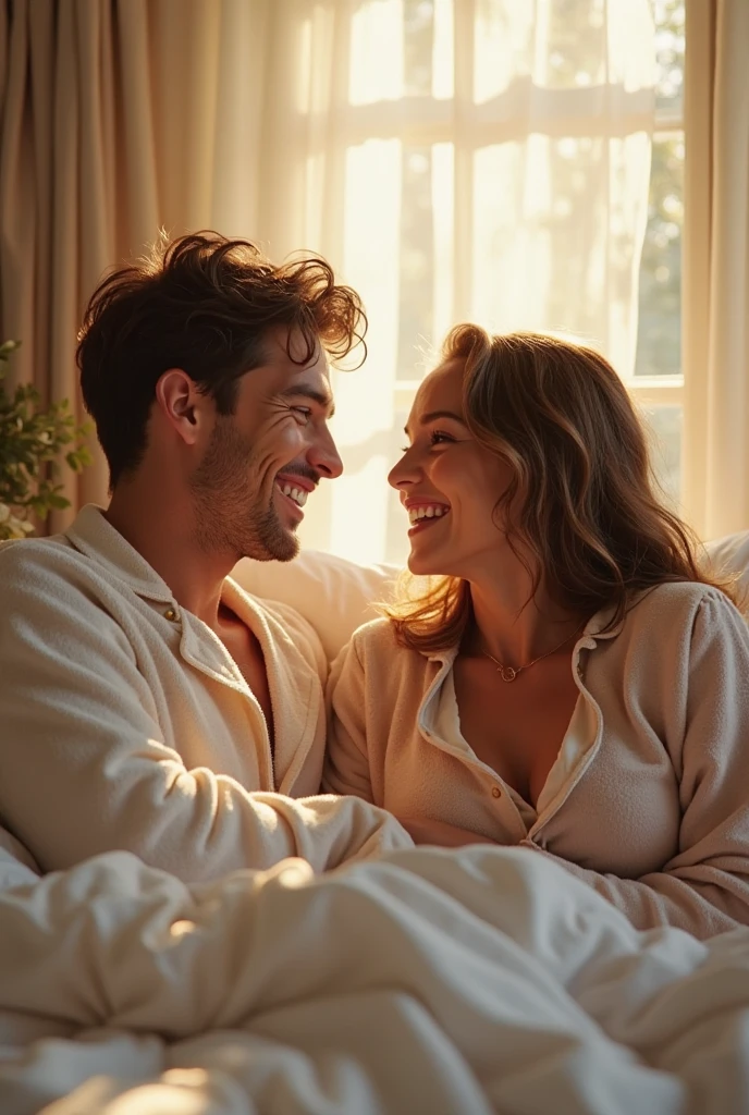 Couple covered with a white blanket, laughing on a rainy day. Hyperrealistic image with a lens aperture of 1.4 at a focal length of 35 mm
