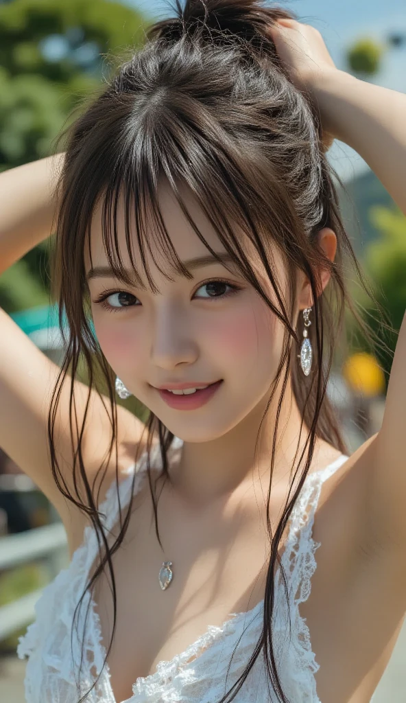 Highest quality, Realistic, 1peopleの女の子, woman,(Skin Dentition), nude,Mid-chest, (bright), (Professional Lighting, Bokeh), (street), people々, crowd, Braided bangs, nice, bloom, Floating Hair, (Dynamic pose:0.6) , Soft lighting, ,((( She is being made to cum)))