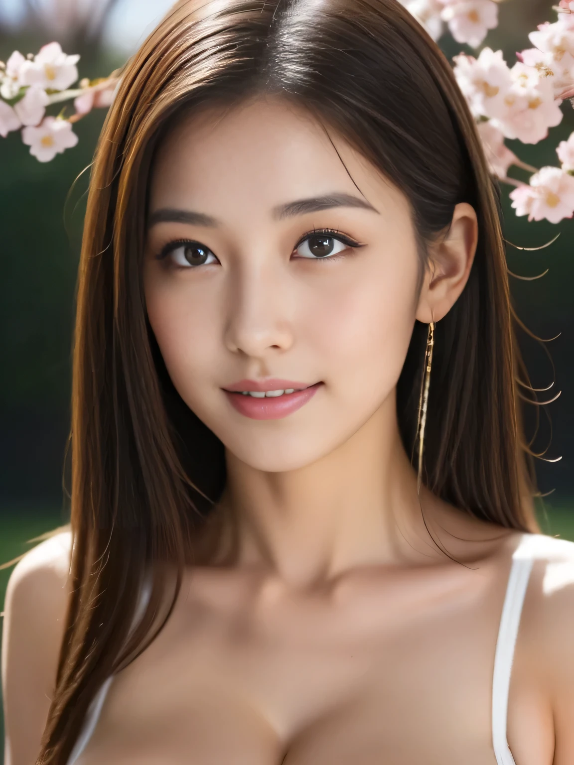 ((((masterpiece、Highest quality、High resolution、Tabletop、wallpaper、Realistic、Bright lighting、Professional Lighting、Face Light、Smooth lighting、Japanese women、Beautiful woman、action、gravure、sexy、so beautiful、Beautiful Skin、Beautiful and exquisite、Detailed face、slim、Looking into the camera、Cleavage))))、((Big Breasts:1.4))、((((japanese,20-years-old,One woman,outdoors,Looking into the camera:1.5)))),smile,close mouth