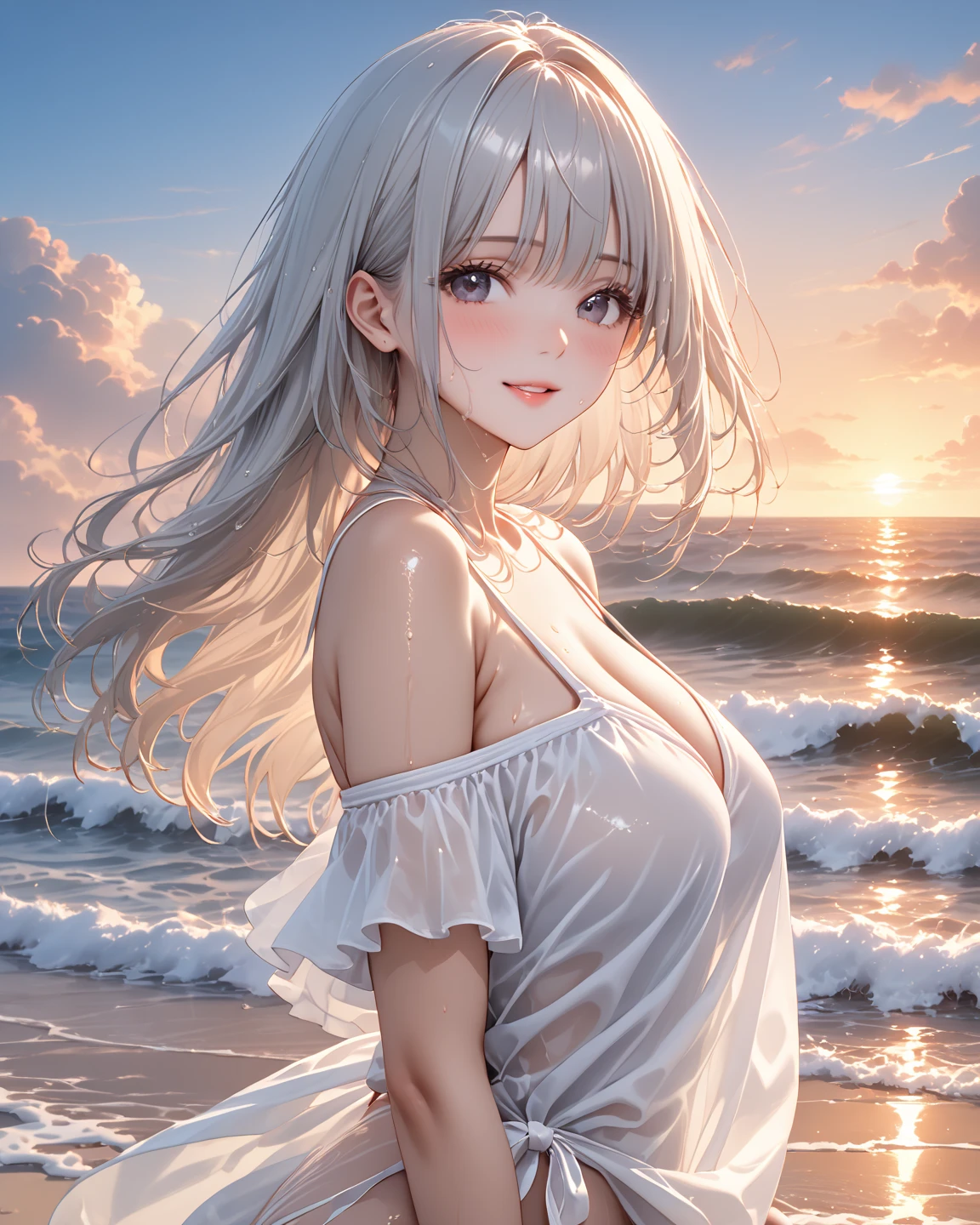 beautiful girl, long grey hair, beautiful face,smiling,close up to hips, beautiful breast, floating in the middle of lake, wearing wet shirts, (open mouth:0.4),illustration,detailed textures(realists),ultra-detailed,portrait style,vivid colors,soft lighting, blushing, mature, hair fluttering, evening light , head band, cleavages , no bras, side profile, slim and ((fit figure)), shy