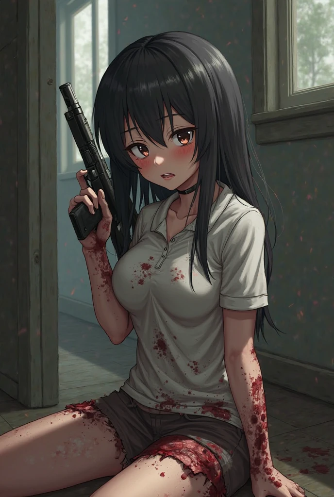 Masterpiece, top quality, lens flare, depth of field, (close-up: 1.3), (wide shot, fisheye: 0.85), face focus, 1 girl, covering with blood, blood, detailed face splattered with blood, detailed lips with blood stains, squatting, medium bob, hairpin, torn sailor suit, red ribbon, torn pleated skirt, white panties, (holding a weapon, Holding a rifle, aiming, aiming: 1.2), gun, H&K HK416, carbine, open fire, firing, mafia office, broken desk, broken sofa, broken computer, bloody floor, dead mafia, rough office,