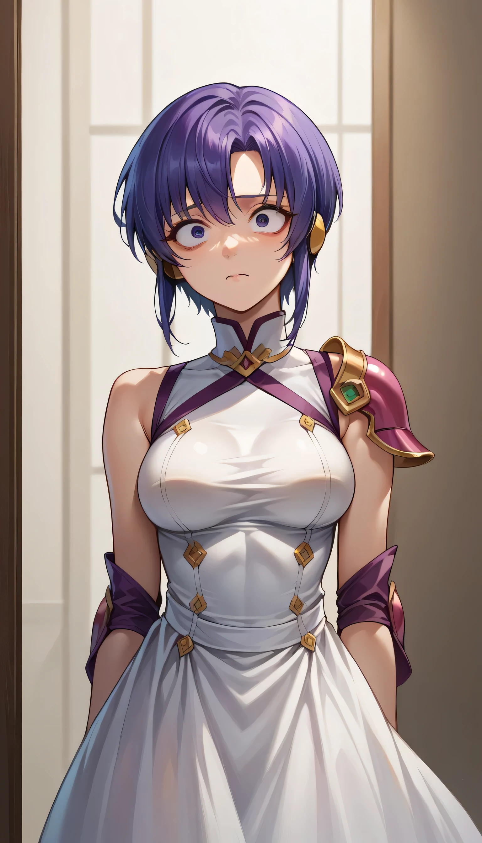 1 Female, simple background, white dress, dress with frills, shoulder out, See-through Ear Covers, Elbow pads, short hair, violet hair, upper body, medium breasts, closed his mouth,throw, extreme skirt roll, Up shirt, from_Down, Inside clothes , underwear, Midea, masterpiece, Best Quality, very Midea,Absard Dress, very detailed, newest, cloth background 、(shrunken eyes:1.3)