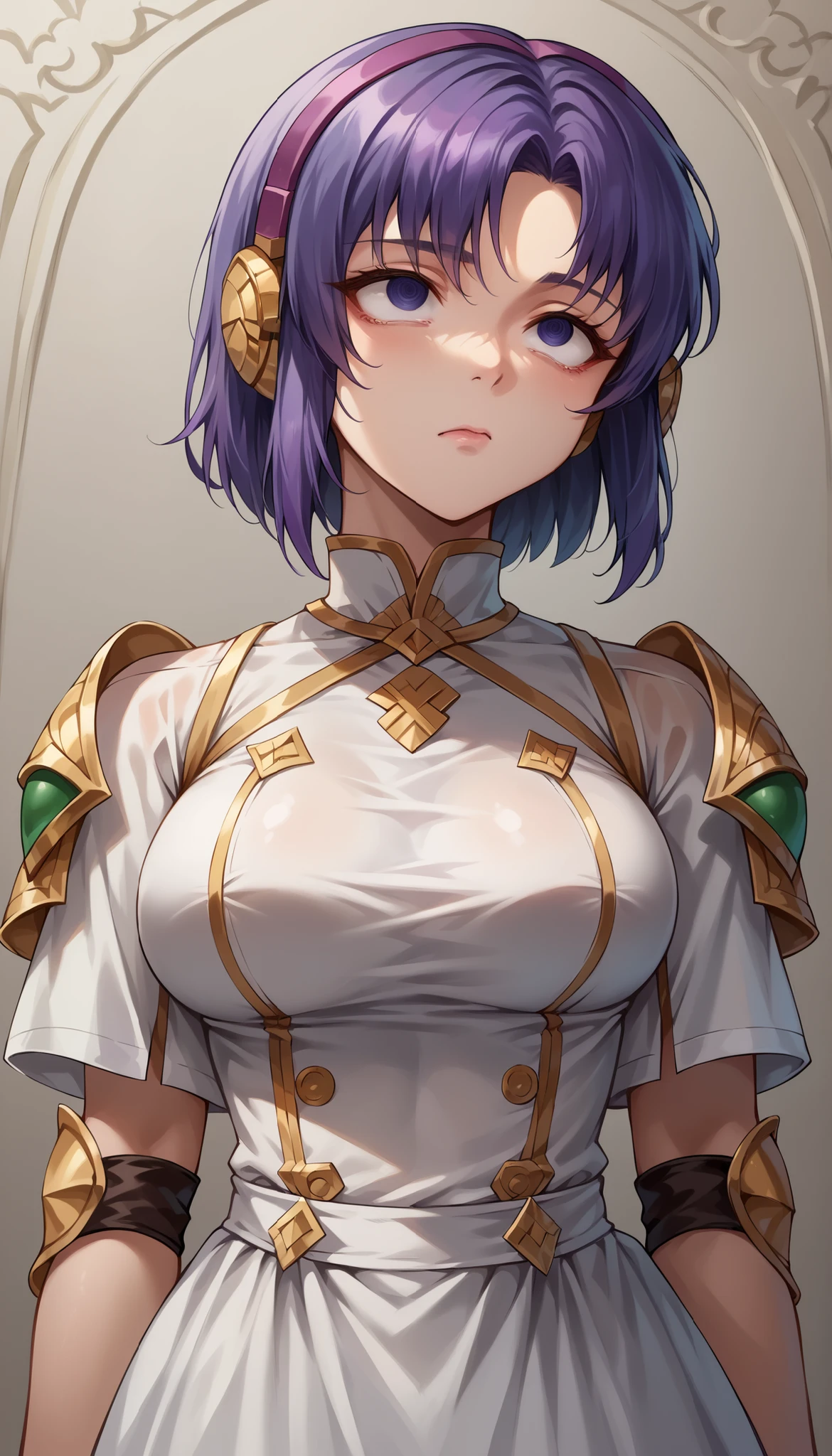 1 Female, simple background, white dress, dress with frills, shoulder out, See-through Ear Covers, Elbow pads, short hair, violet hair, upper body, medium breasts, closed his mouth,throw, extreme skirt roll, Up shirt, from_Down, Inside clothes , underwear, Midea, masterpiece, Best Quality, very Midea,Absard Dress, very detailed, newest, cloth background 、(shrunken eyes:1.3)