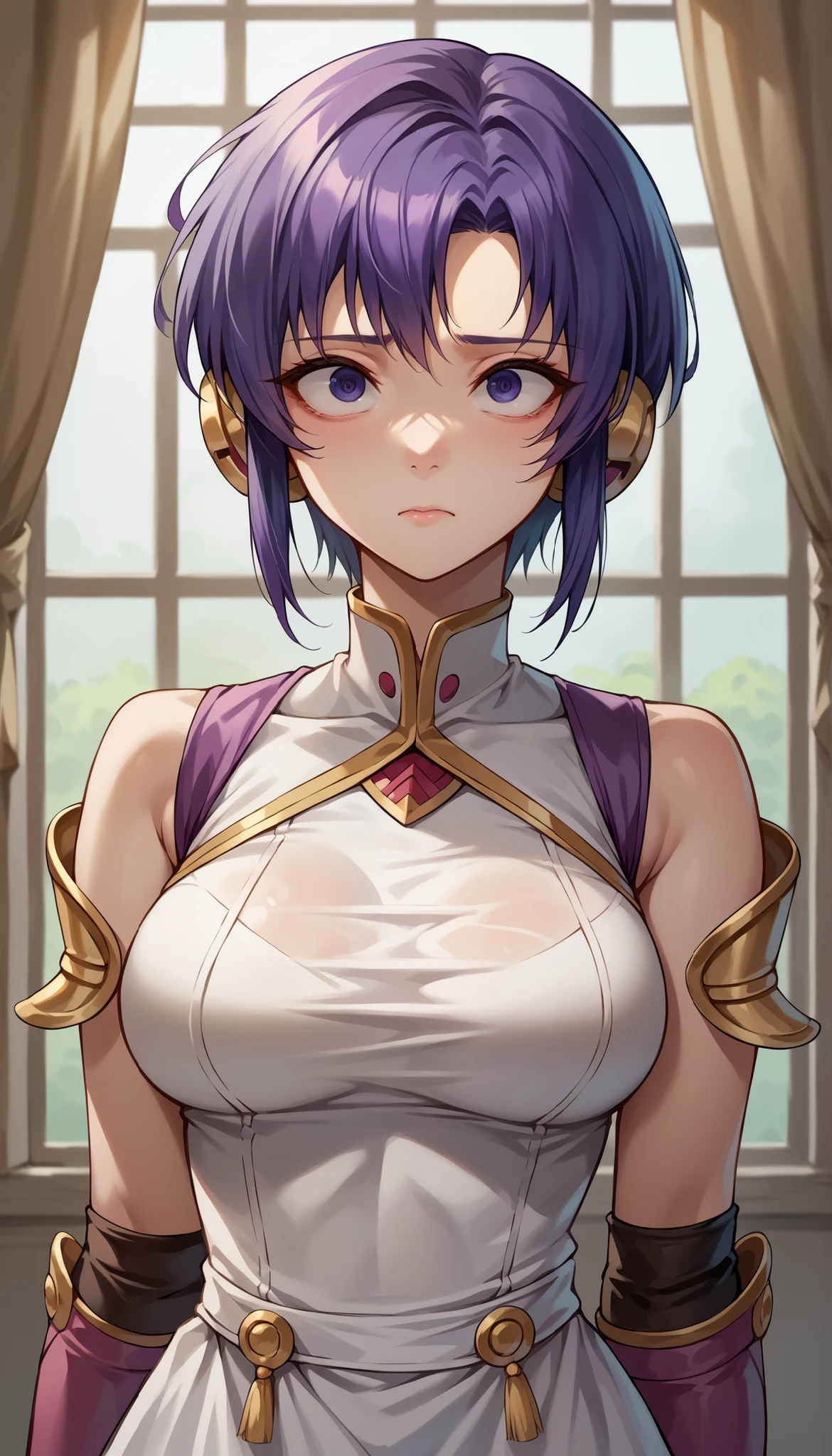 1 Female, simple background, white dress, dress with frills, shoulder out, See-through Ear Covers, Elbow pads, short hair, violet hair, upper body, medium breasts, closed his mouth,throw, extreme skirt roll, Up shirt, from_Down, Inside clothes , underwear, Midea, masterpiece, Best Quality, very Midea,Absard Dress, very detailed, newest, cloth background 、(shrunken eyes:1.3)