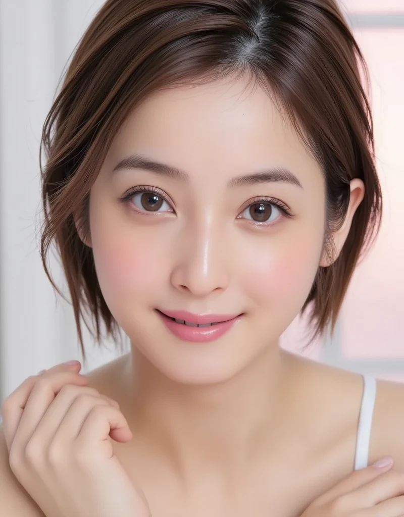 One girl, Small breasts,, (8k, RAWphotograph, highest quality, masterpiece:1.2),(Realistic, photo-Realistic:1.37),figure,Very delicate and beautiful,perfect female 体,Very detailed,photograph,8k,wonderful,In detail,Beautiful fine details,highest quality,Ultra-high resolution,((Very detailed face)),(photo-Realistic:1.37),looking at the camera、((Front of body))、((Beautiful décolletage))、((Tube top))、(((short hair)))、((smile))、(((Short hair)))