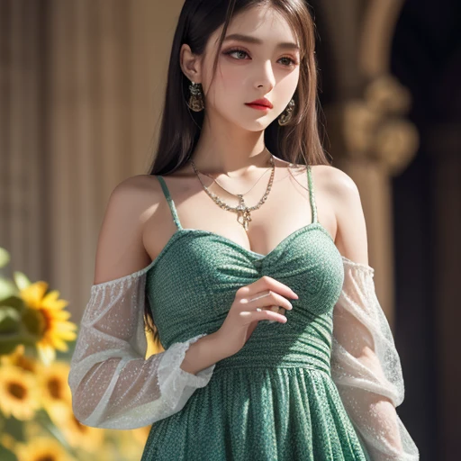 best quality, masterpiece, 1girl, (polka dot dress), (green dress:1.5), white hair, hair ornament, necklace, (jewellery:1.8), Beautiful face, blue eyes, big breasts, tyndall effect, photorealistic, rim lighting, two tone lighting, (high detailed skin:1.2), dslr, (spreading light:1.5) soft lighting, high quality, volumetric lighting, candid, in the garden, Photograph, high resolution, 4k, 8k, Bokeh,