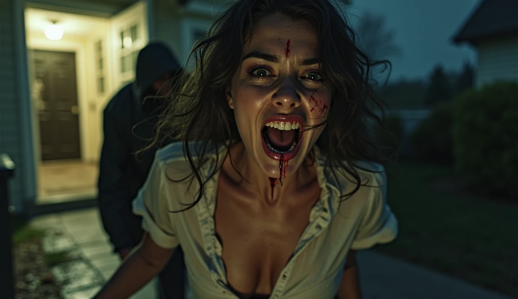 (masterpiece, best quality:1.2), ((RAW photo, Best quality)), (Realistic, photo-realistic:1.2) hot a zombie girl, horror, creepy, night, (((White eyes))), angry. ((Pale or greenish skin)), hottinig Body, wounds, empty eyes, torn clothes, slow movements, guttural noises, aggressive and cannibalistic behavior. Cinematic lighting.