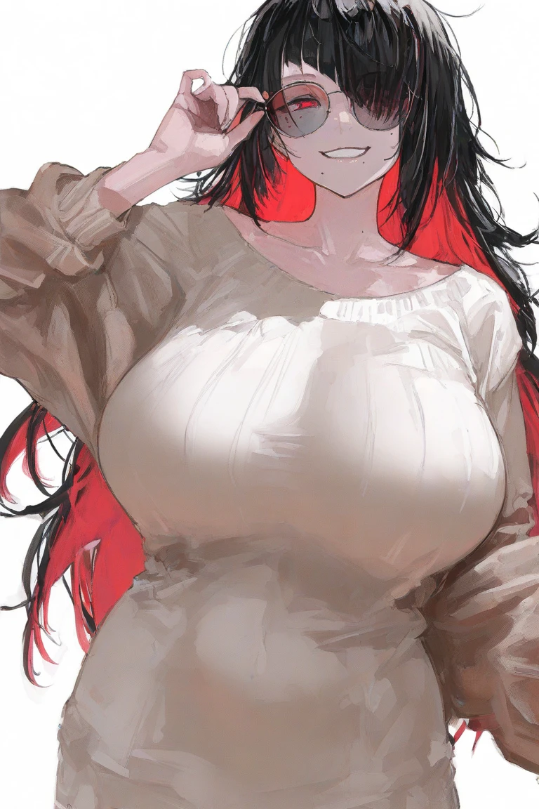 Beautiful face, large curves and areolas, long straight black hair, long bangs covering the face, red eyes, red lipstick, loose sweater, tight long skirt. (Raising arms to show armpits, breathing heavily, coughing from heat, face red, sweating profusely, eyes squinting, biting lower lip)