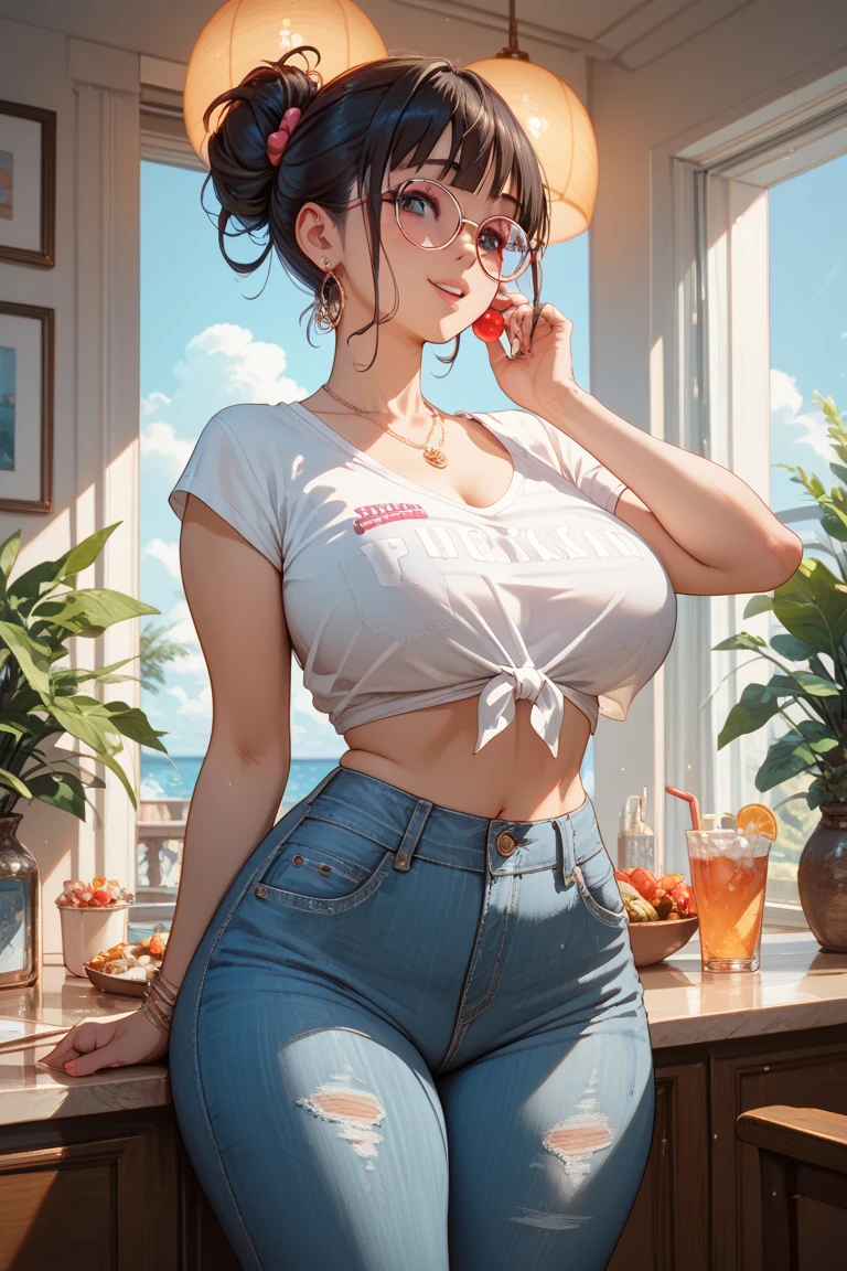 (8k, RAW photo, best quality, masterpiece:1.2), (intricate details), perfect eyes, perfect face, perfect lighting, beautiful, (masterpiece:1.2), (best quality:1.2), 1girl, solo, alya, glasses, brown eyes, happy face, beauty spot, adult torso, ((((massive H cup breasts)))), wide hips, extreme hourglass figure, Tall, long torso, (jeans, red t-shirt), holding a milkshake, cowboy shot, 3DMM, (((Valentines Day Theme)))