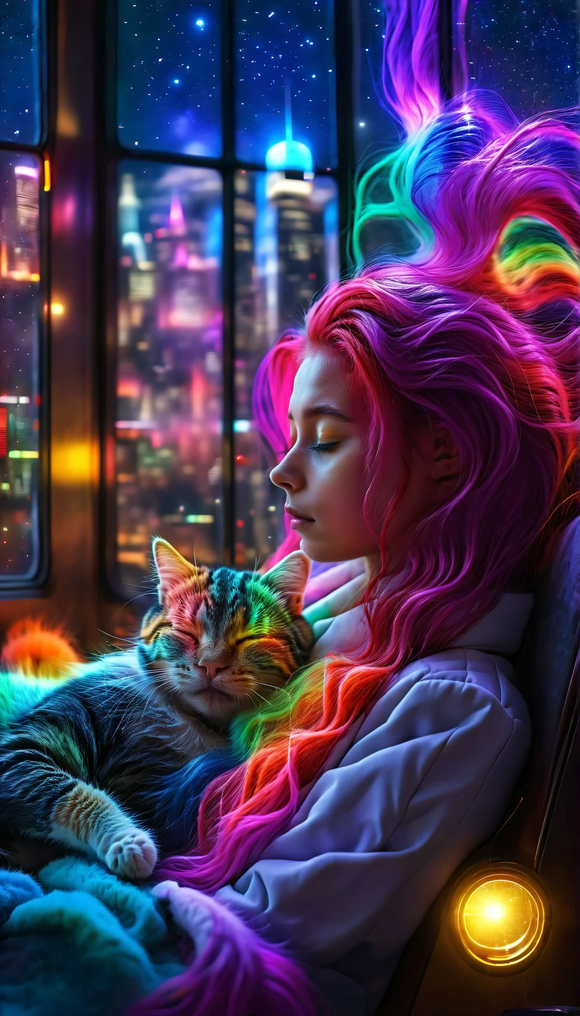 cat{{masterpiece}}, Best Quality, very detailed CG integrated 8K wallpaper, movie lights,futuristic, ベッドで寝ている美しいcat,long legs,sleeping with eyes closed,huge window behind, quiet night . , multicolored coat, (colorful hair:1.5),
