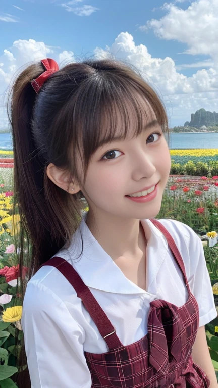 Medium field of view, Medium shot, Depth of Field, Break, Upper Body, angle, masterpiece, best quality, Very detailed, CG, 8k wallpaper, Pretty Face, Exquisite eyes, one country, Solitary, Smile, Bangs, skirt, shirt, have, skirt, bow, petal, bouquet
