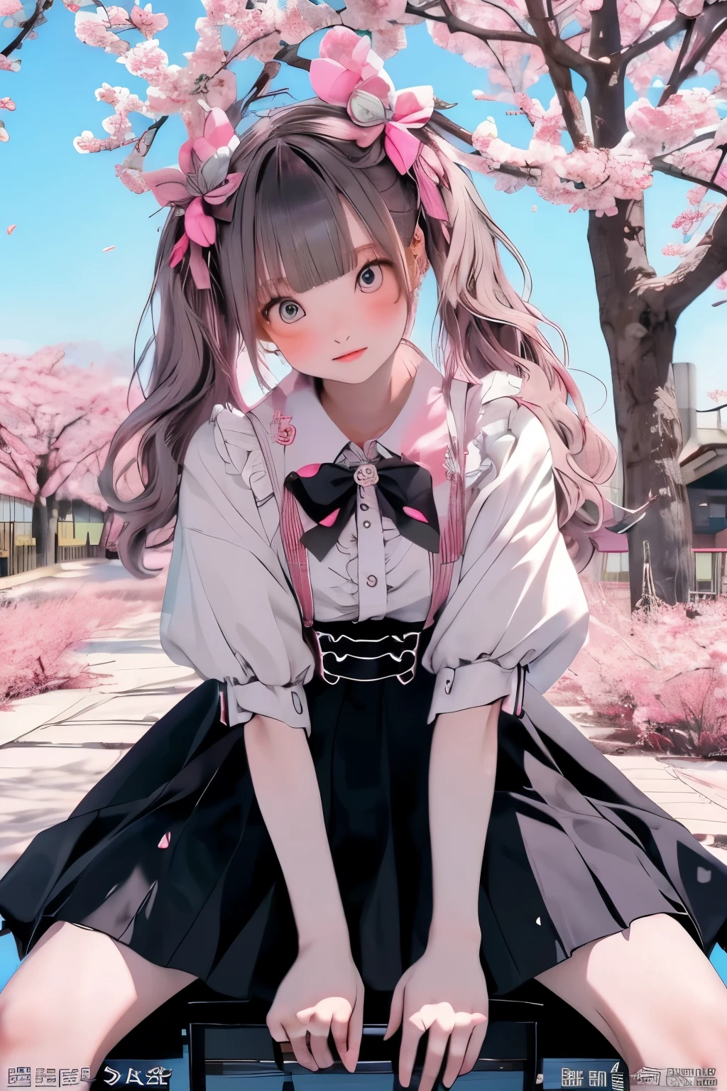 (masterpiece), (Best Quality), (very detailed), masterpiece, Best Quality, bend, skirt riding on top of a man, upskirt riding on top of a man, flip flops, Embarrassing(Best Qualityの,very detailed)masterpieceの少女が屈み,skirt riding on top of a manの中が見えるようなポーズをとっている。flip flopsを履いた足元,her shy expression is characteristic。the surroundings are clear blue skies,she is posing so that you can see the inside of her skirt where the sun shines in。Jirai Fashion,Cherry blossom background,cherry tree,Cherry blossom view、Space where cherry blossoms bloom