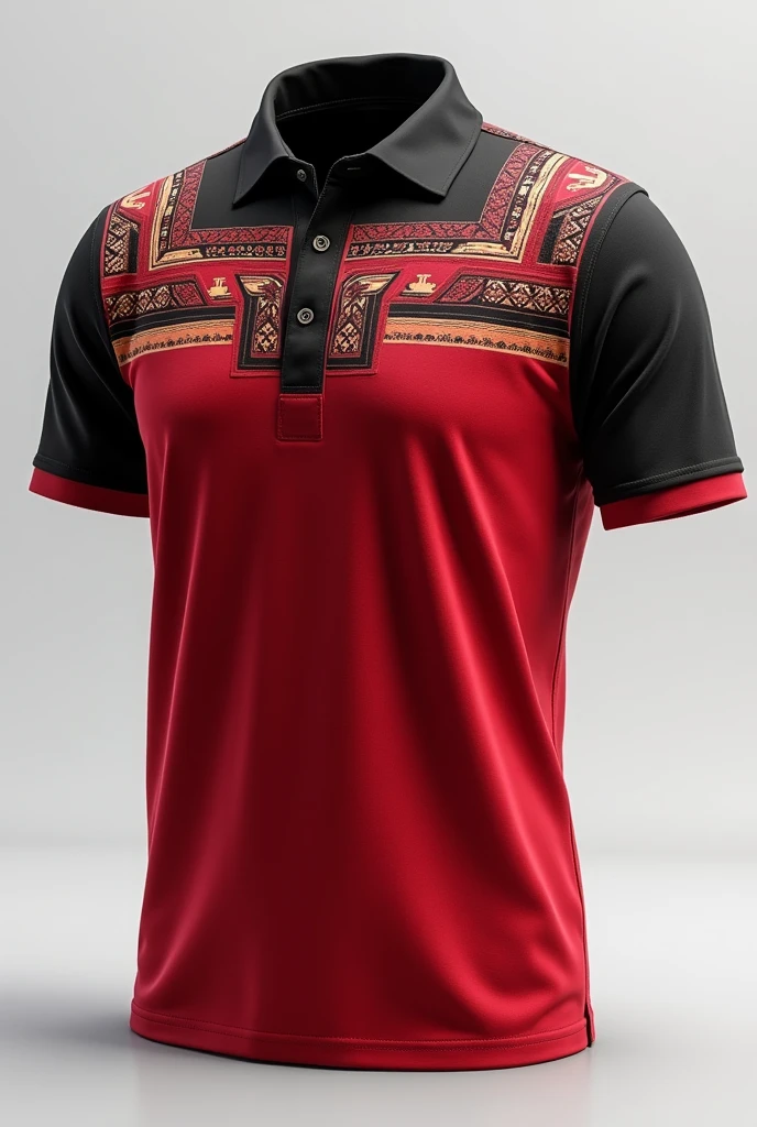 Create for me rugby jersey on sleeve maori pattern colour red black white/black collar wrote lake tribe rugby white background jersey only no model clear design