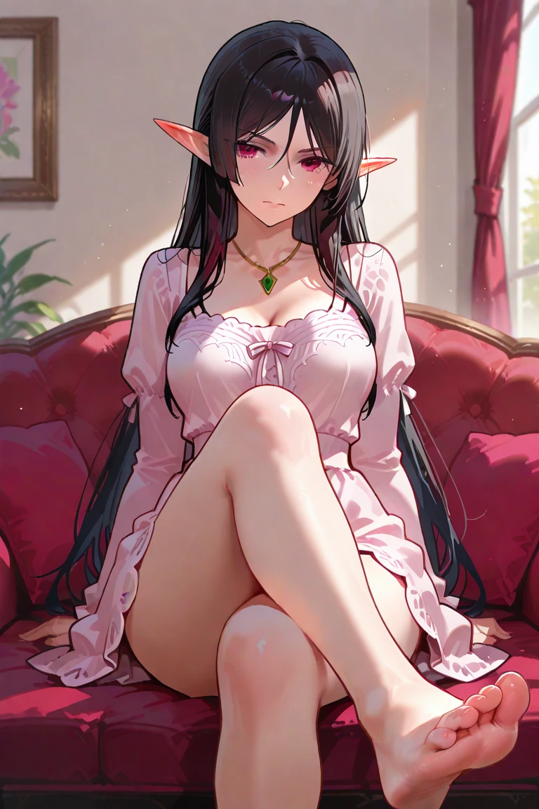 (masterpiece, best quality, ultra detailed), (perfect face, detailed face), (detailed background, complex background:1.2), full-face blush,  looking at viewer, dark room, depth of field, ray tracing, sitting, thick thighs, crossed legs, smirk, mature female,looking back, from behind, huge ass, ix elizabetta, light smile, blonde hair, very long hair, ponytail, red eyes, horns, pointy ears, hair bow, IxSchoolUniform, brooch, bridal garter, red skirt, navel, puffy sleeves, standing, looking at the viewer, indoors, large breasts,  pink lips, bent over, ;o, wide hips,  library,  smirk, thick thighs,
