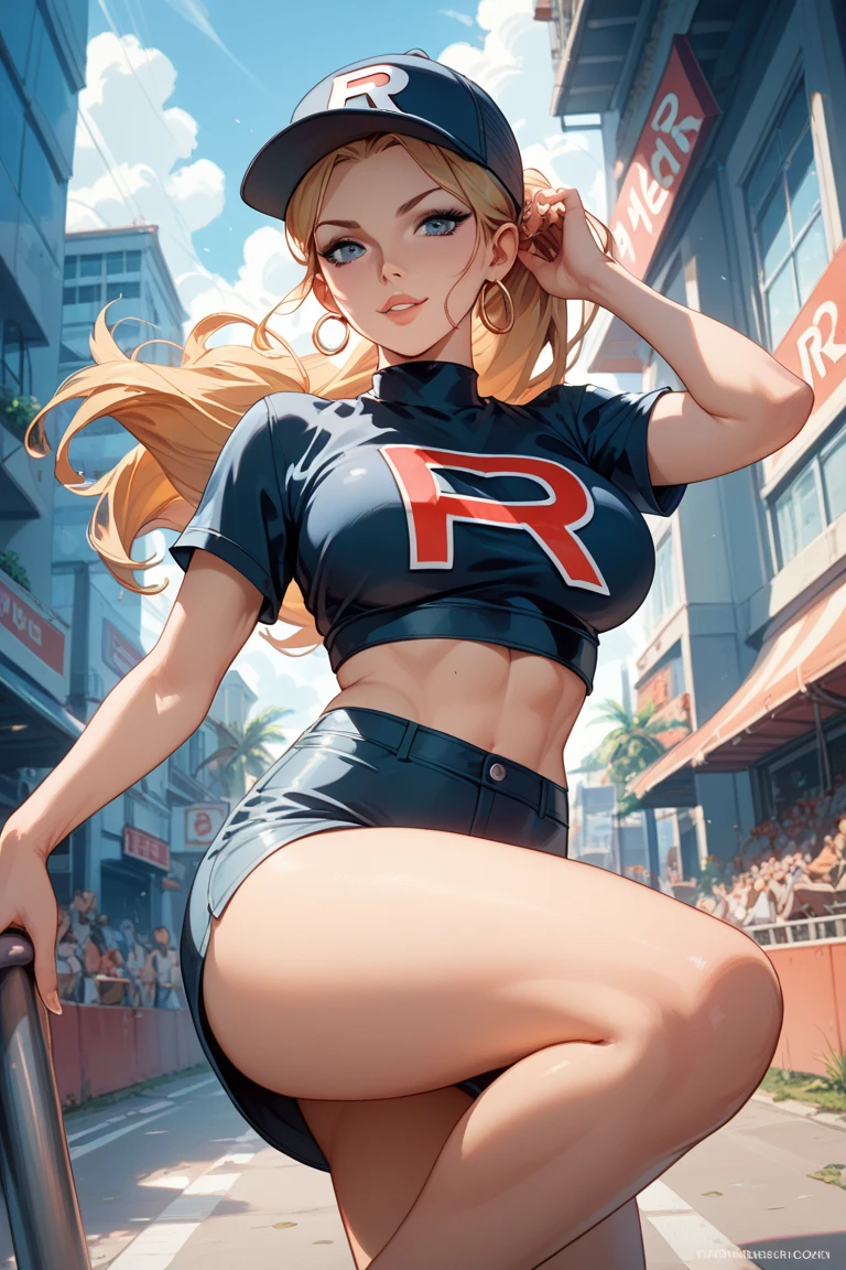 Mulher realista, loira, olhos azuis, red cap, roupa vermelha, short
