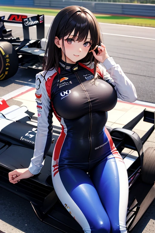 (4 k、top-quality)、(realisitic、Photorealsitic)、(Yakian)、
1girl in、独奏、fullllbody、(face to the viewer)、
perfect hand、up looking_で_the viewer、
whiteshirt、
Daytime、Circuit field、finerly detailed face、wearing round glasses、Slightly chubby、The best smile、You can see the double teeth、white hairband、Light brown long curled hair,,(super gigantic breast, cleavage:1.2),(race_queen:1.3), (Cameltoe),35 year old、Panty T-back、Nogizaka Idol、actress、Korean Idol、hposing Gravure Idol,place one's arms behind one's back,raise both arm,(Aside)、