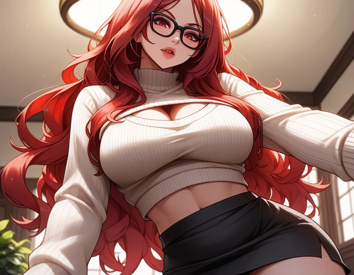 Adult woman, Long red hair, Brown eyes, eyeglasses, red lipstick, large breasts, Black Dense Overall Shape, evil, smirk, fetters, open breasts, Masterpiece, hiquality, 4k, HD, Good detail