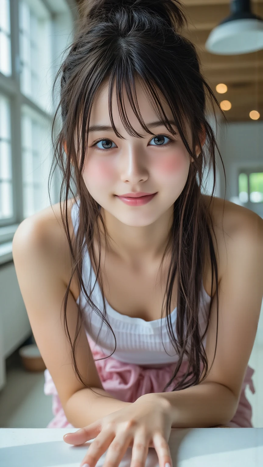 junior high school student, cute female student, after taking a bath, wiping sweat with towel, smiling and chatting, 14yo, sitting on bed, long legs stretched