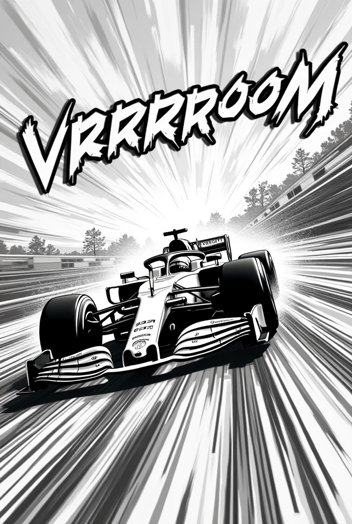 a black and white comic illustration of a formula 1 car rushing down the circuit. fill whole image with dynamic line movement. motion blur. big bold chaotic caption "Vrrrrooom" across.