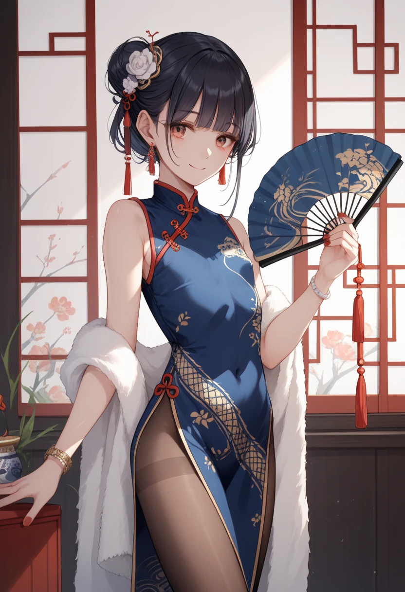 (best quality,4k,8k,highres,masterpiece:1.2),vivid colors,beautiful detailed eyes,beautiful detailed lips,flowing dress,traditional attire,porcelain skin,elegant pose,artistic composition,serene expression,subtle smile,dainty hand gesture,delicate embroidery,rich cultural heritage,ethereal beauty,shimmering fabric,focus on intricate patterns,dynamic lighting,contrast between light and shadow,subtle use of color,traditional cheongsam,classic elegance,graceful silhouette,ornate hairpin,delicate fan,subtle background elements,traditional Chinese architecture elements,subtle hints of nature,harmonious blend of tradition and modernity,meticulous attention to detail,expressive brushstrokes,traditional ink painting influences,exquisite craftsmanship,exquisite beauty,memorable and captivating scene,retro atmosphere.