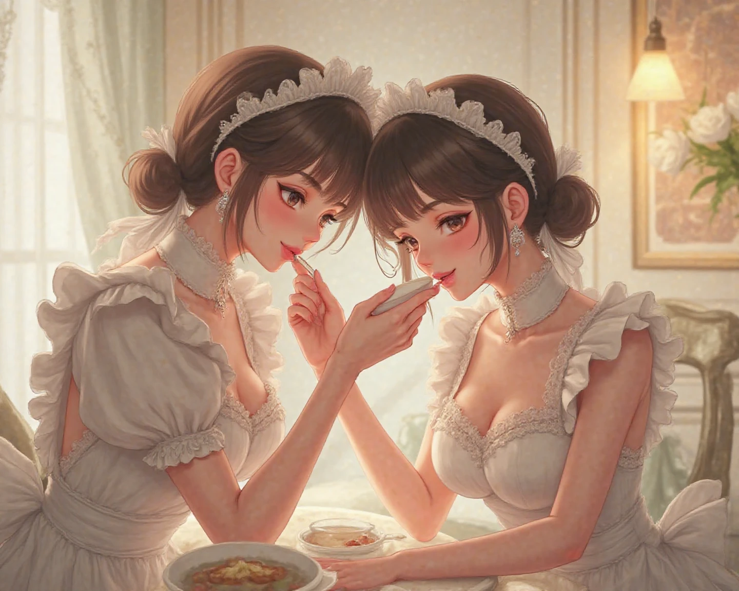anime style, super fine illustration, highly detailed, dynamic angle, beautiful detailed, 8k, In a cafe where morning sunlight streams through the window, a plate of fluffy pancakes topped with strawberries, whipped cream, and a generous dusting of powdered sugar sits on the table. A woman eats them with a happy expression, her impressionable happiness drawing the attention of those around her.very good illustration, High detail, dynamic angle, beautiful detailing,2D, (Best quality, masterpiece, Beauty, tenderness), Anime, Highly detailed face, very detailed eyes, very detailed background, Go
