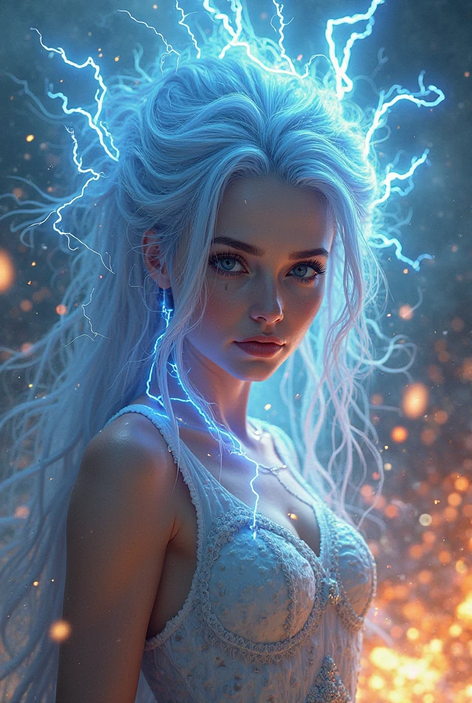 A girl with long, loose, white hair and blue eyes . the girl has electricity around her
