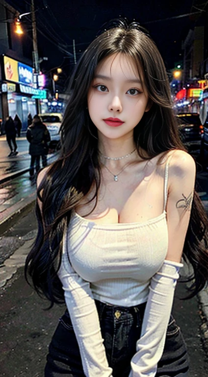 ((1girl)), in deep V dress, pose at Night Club, makeup with glossy lip, small breasts, necklace, (deep V dress with necklace:1.4), various angle, ((face focus)), 22 years old, Beautiful Korean Girl, (Crowd), ((Night Club)), Night light, ((spread leg)) pose, (nsfw:1.4), Bokeh, ((pubic hair))