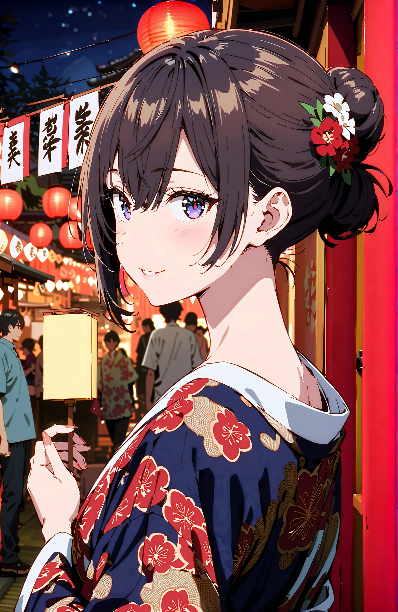yuki suou, bungs, brown hair, black hair with a young pattern,side lock, smile,cover,open your mouth,single bun hair,Nape, o, purple eyes,flower hair ornament,Black flower pattern kimono,Light up fireworks,Japanese stalls ,night,Red Lantern,standing,full bodyがイラストに入るように,break outdoors, Japanese Festival,
break looking at viewer,full body,
break (masterpiece:1.2),Best Quality ,Kampala,unity 8k 壁紙,(shape:0.8),( fine and beautiful eyes :1.6),It's a person ,full body写真,CG Details , (perfect hand,complete anatomy),