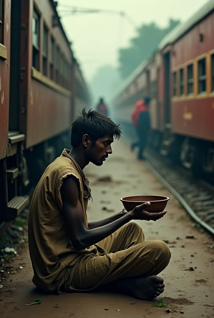 An Indian man is squatting on a railway track, relieving himself with a traditional lotta (a small water vessel) placed on his left side. He is wearing a kurta and lungi, with the lungi lifted for comfort. The scene is set in a rural area, with railway tracks cutting through overgrown grass. The morning light casts long shadows, and the background reveals a distant train, slightly out of focus. Nearby, there are trees and a small village, adding to the rural ambiance. The lotta is metallic, reflecting the sunlight, emphasizing its presence next to the man.