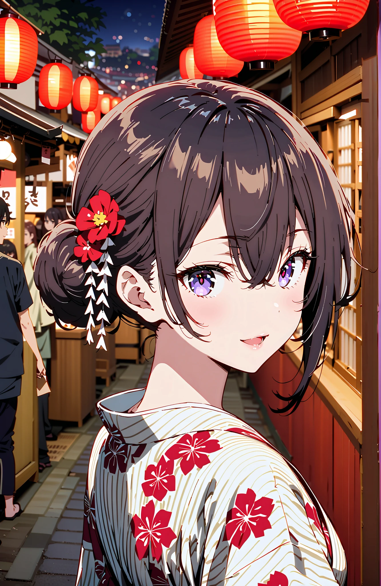 yuki suou, bungs, brown hair, black hair with a young pattern,side lock, smile,cover,open your mouth,single bun hair,Nape, o, purple eyes,flower hair ornament,Black flower pattern kimono,Light up fireworks,Japanese stalls ,night,Red Lantern,standing,full bodyがイラストに入るように,break outdoors, Japanese Festival,
break looking at viewer,full body,
break (masterpiece:1.2),Best Quality ,Kampala,unity 8k 壁紙,(shape:0.8),( fine and beautiful eyes :1.6),It's a person ,full body写真,CG Details , (perfect hand,complete anatomy),