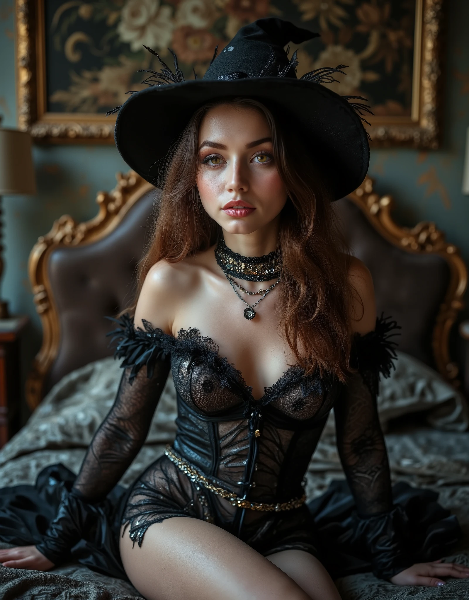 (Canon), (EOS R5), (85mm), ( No Lens Flare :1.5), (超high resolution), (masterpiece), (Anatomically accurate human structure), (realisticな質感の肌), Super Detail, High detail, winning work, Best Quality, 32K, depth of field, digital camera, professional writing in a crowded sideways cafe, ((Best Quality:1.5)), ((masterpiece:1.5)), ((realistic)), high resolution, (Deep cinematic depiction), ((dark fantasy atmosphere)), (Dark depiction ), (Has a gorgeous, long antique magic wand), ((full body shot with mahiru :1.5)), ((Upper body shot:1.2)), ((Semi-nude)), ((36-year-old Beautiful and Cute Cuban Actress with Top )), ((Ana de Armas)), brown black hair with waves , very sexy, charming, and seductive pose , Height: 168cm, Weight: 55kg, Muscular Slender Body, smaller bust, C cup, ((long hair with fluffy waves of chestnut hair:1.5)), (( beautiful castano-colored hair )), ((とてもほほ笑ましくcharming笑顔で少し歯が見える :1.5)), ( well-shaped round butt ), (Pretty and Beautiful Magician)), ((The most beautiful and captivating female magician in the world)), (Slender slim style), ((Seats on a Luxurious, Antique Bed)), (standing beside the bed), smooth, (Straight castano-colored hair), (long, castano-colored hair), long bangs, (small, beautifully shaped bust), (C cup), (Tight, slender waist), (Extremely detailed and realistic skin :1.5), ((Extremely Detailed Realistic Hazel Eyes:1.5)), (Hazel Eyes), ((Extremely Sexy Beautiful Hazel Eyes :1.5)), (( catchlight in the eyes )), (( extremely detailed attractive and moisturized lips :1.5)), (( beautifully shaped big bust :1.5)), ((extremely detailed, attractive, and moisturized lips:1.5)), (( white teeth beautifully arranged )), ((antique and luxurious long coat style witch costume with elaborate silver patterns on black fabric:1.8)), (the front of the witch costume is open so you can see cleavage), (Off-the-shoulder showing shoulders), ((that can be removed and almost completely naked)), (gorgeous thick May wear red lace bras and panties), ((lots of antique magical necklaces:1.8)), ((lots of antique bracelets:1.5)), (large, antique earrings), ((antique pocket watch:1.8)), ((Sitting on a luxurious, antique bed:1.5)), Luxurious Black Stockings with Intricate Patterns, ((Magical Tattoos Cover Your Body:1.5)), (Sexiest Angle ), (Large bedroom in an old luxury hotel), (Very antique bed and chair and furniture), Very Seductive and Sexy Expression, Very Seductive and Sexy Poses, (may show a beautiful and realistic bust), (beautiful nipples and large areolas can be seen), (Can See Realistic Female Genitals), (Large castano-colored pubic hair may be visible), (( show your hands as little as possible )), accurate hand shape,Accurate hand finger shape ,Accurate finger count,5 fingers on one hand , Accurate leg shape,Accurate toe shape, accurate toe count, Five fingers on one foot, ( color temperature 5500K ),