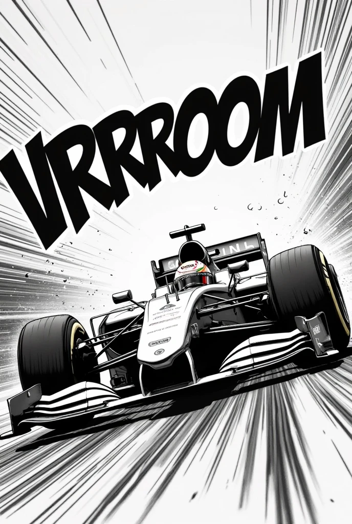 a black and white comic illustration of a formula 1 car rushing down the circuit. fill whole image with dynamic line movement. motion blur. big bold chaotic caption "Vrrrrooom" across.