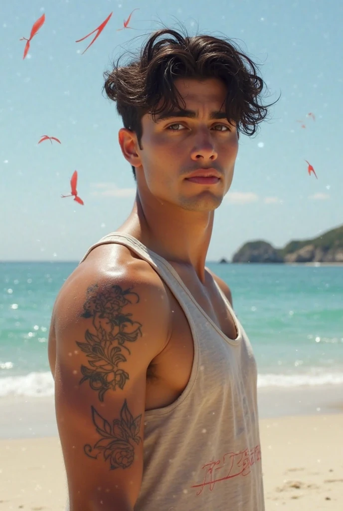(best quality), 1boy, Male, 22 years old, young man, white skin, black hair, short hair, side swept hair, green eyes, perfect eyes, piercings, handsome, swim trunks, beach, strong jawline, masterpiece, anatomically correct, highres