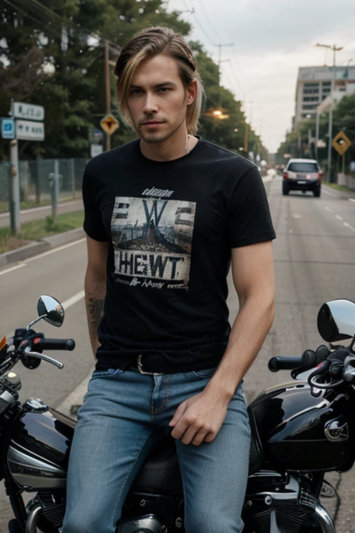 Boy wearing black jeans and police shirt unbuttoned sitting on stone stairs